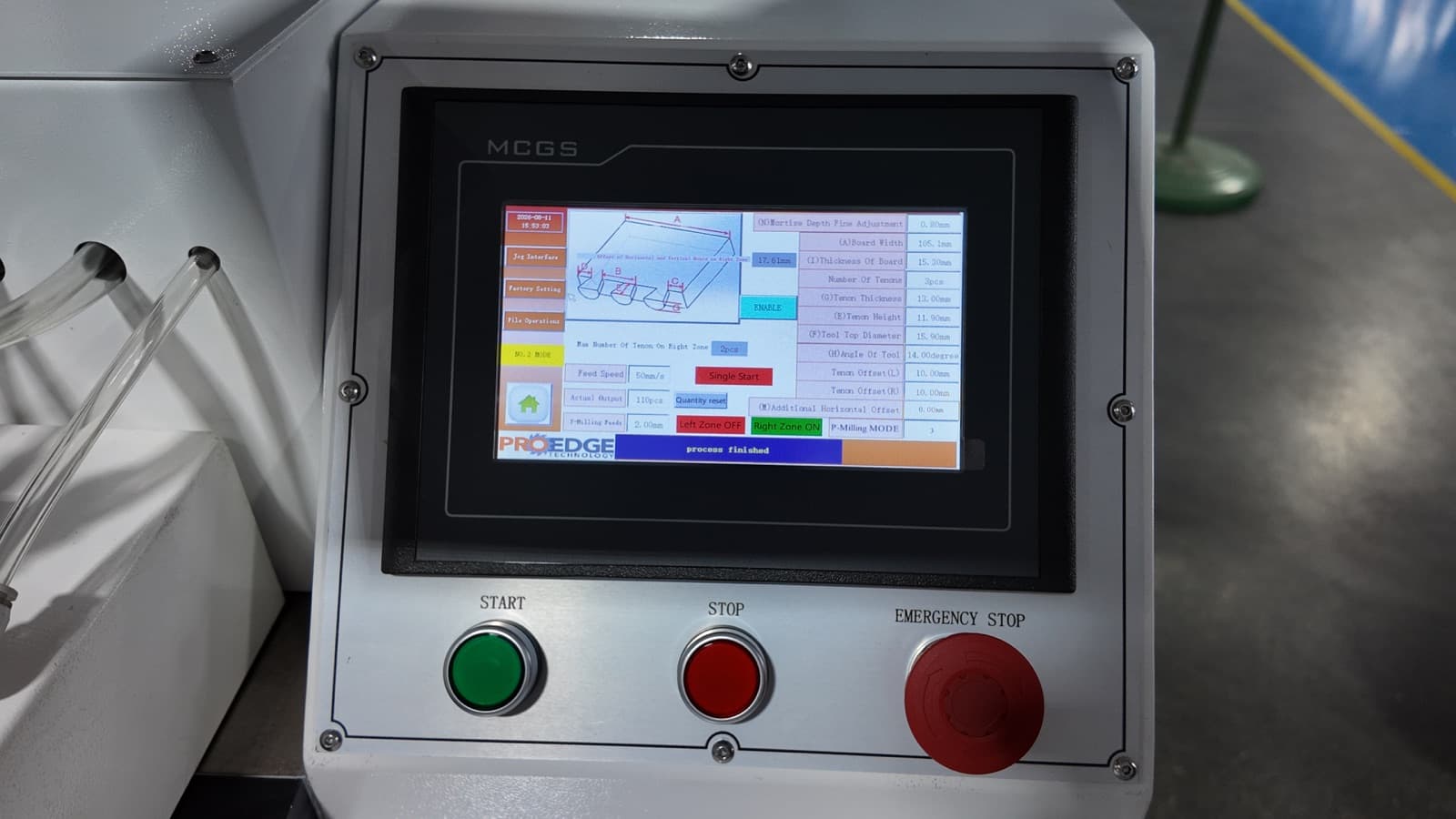 Touchscreen program screen showing an example dovetail layout and adjustable parameters