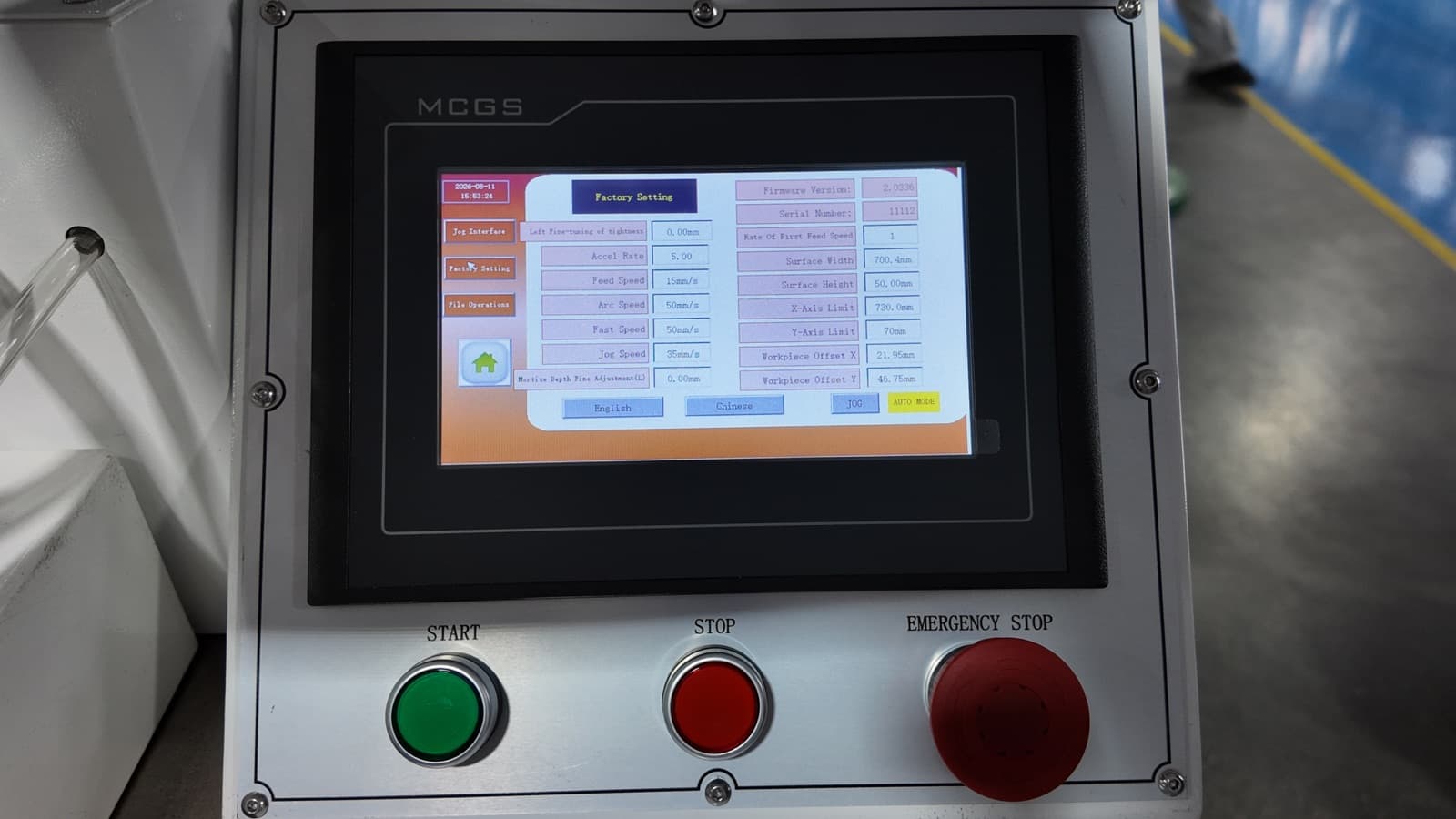 Touchscreen factory settings screen showing configurable machine parameters