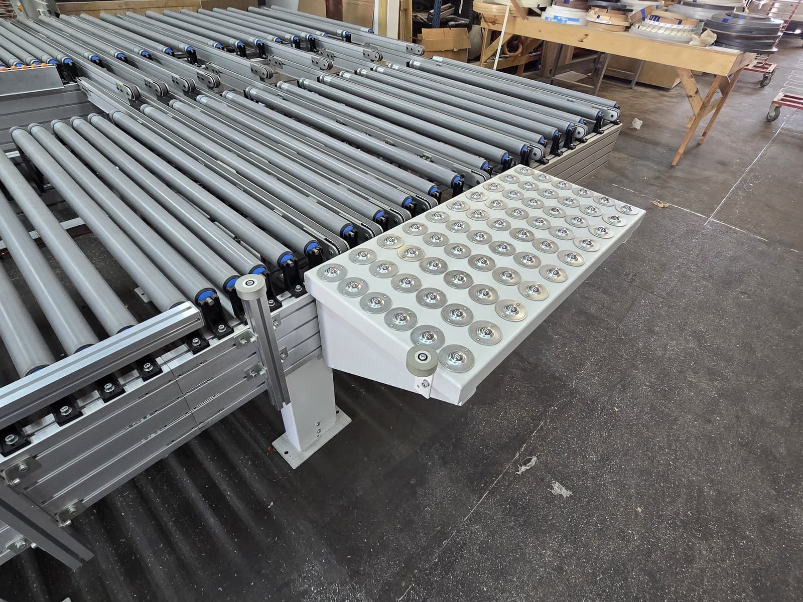 Ball transfer support table close-up on the conveyor edge