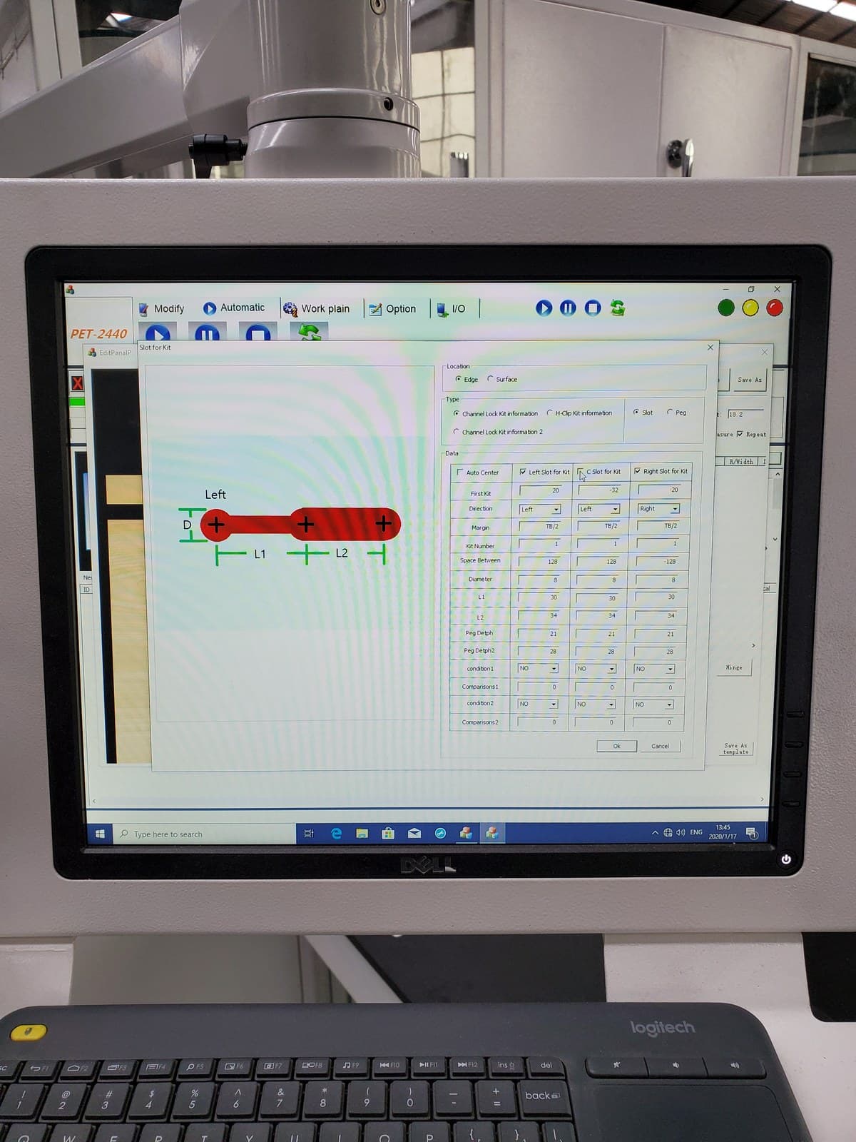 Slot-for-kit configuration dialog for programming Lockdowel insertion points