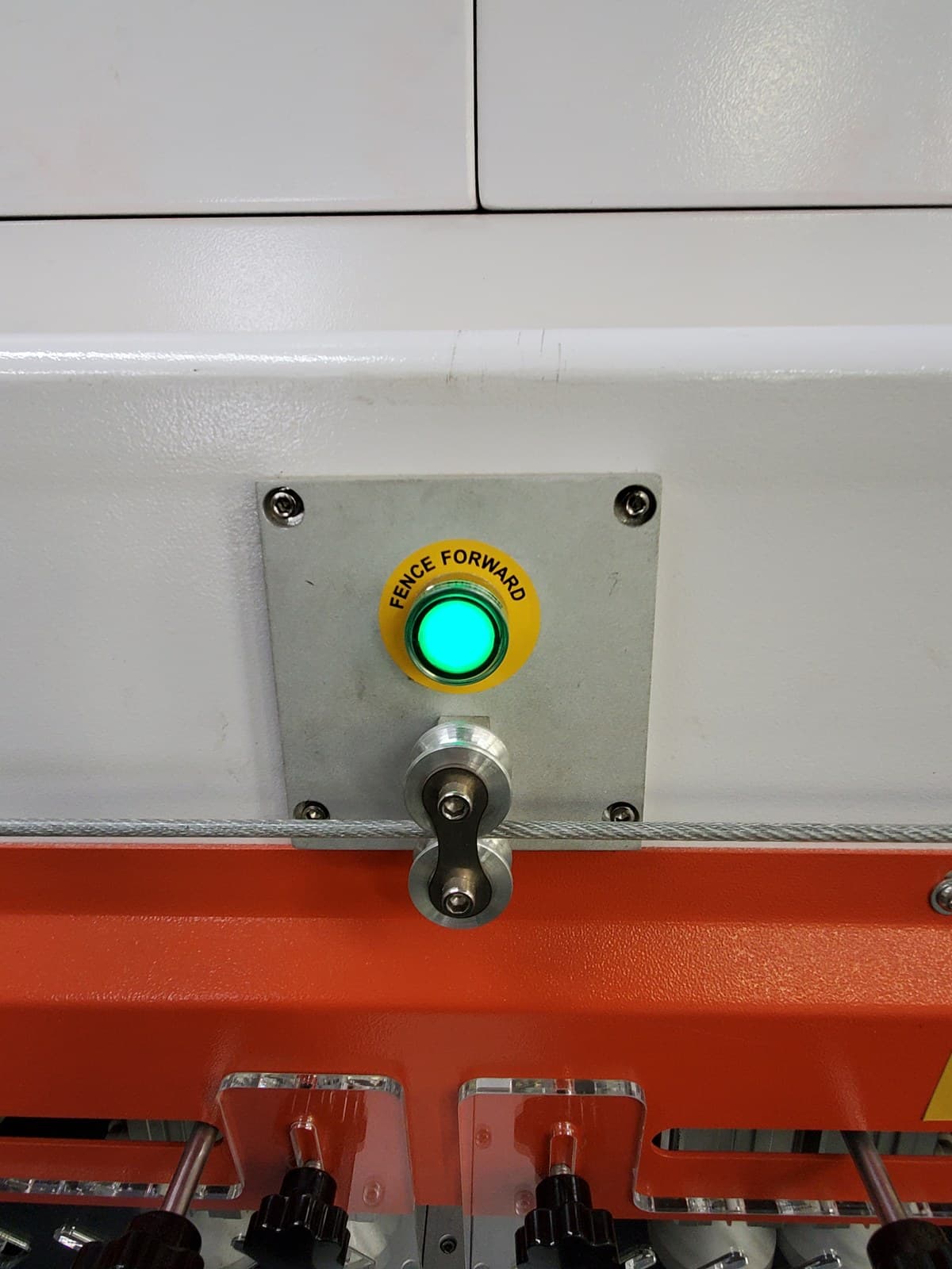 Fence-forward control button for two-position fence selection