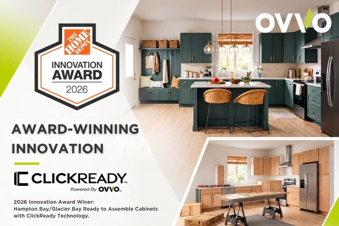 OVVO graphic marking the 2026 Home Depot Innovation Award for Hampton Bay/Glacier Bay Ready to Assemble Cabinets with ClickReady Technology, with the Innovation Award 2026 emblem, the ClickReady Powered by OVVO logo, the OVVO logo, and two kitchen cabinet scenes