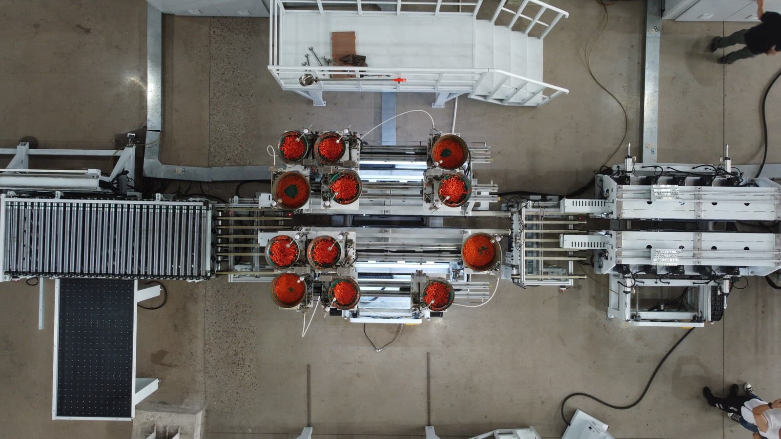 Overhead view of the vibratory bowl feeders